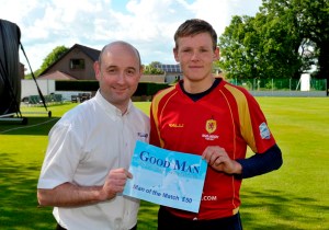 Martin West of Good Man Home Improvements presented the Man of the Match award to Michael Leask ©Donald MacLeod 